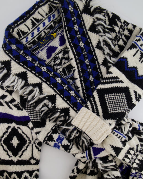 Polo Ralph Lauren White, Blue, and Black Wool-Blend Belted Cardigan with Fringe Trim Detail Size M (UK 10) RRP £795