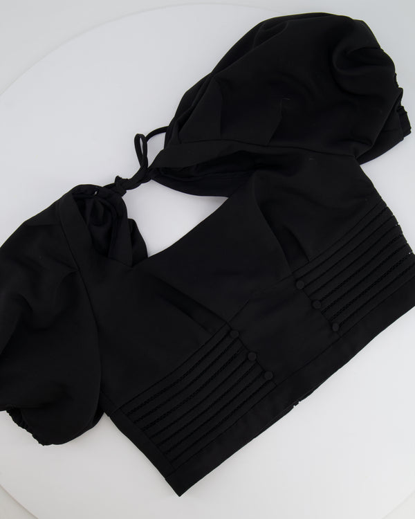Self Portrait Black Ottoman Square Neck Cropped Top with Puff Sleeves and Open Back Detail Size UK 14 RRP £215