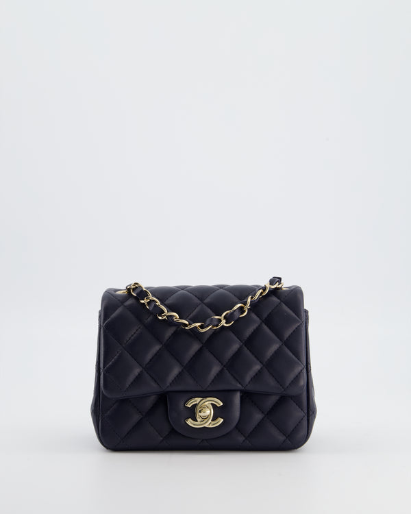 Chanel Navy Mini Square Classic Flap Bag in Lambskin Leather with Champagne Gold Hardware