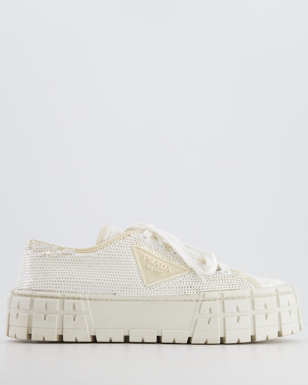 Prada White Sequin Sneakers with Rubber Logo Detail Size EU 39.5
