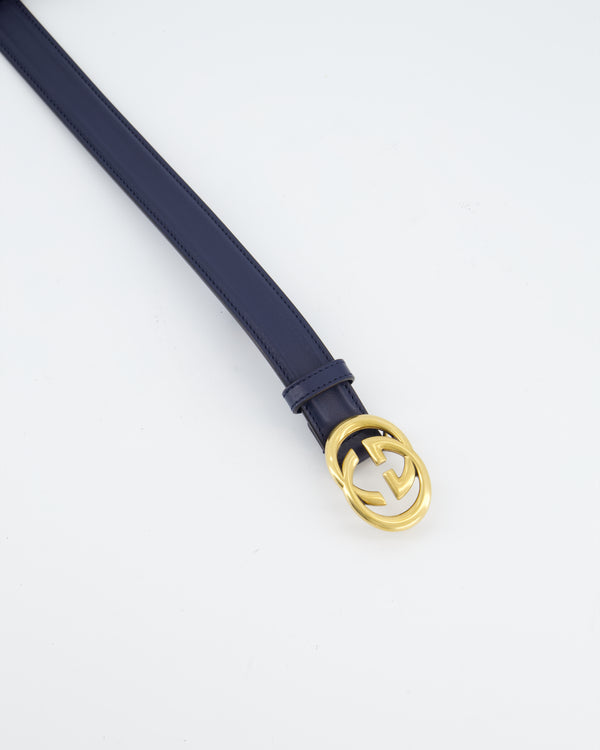 Gucci Navy GG Logo Leather Thin Belt with Gold Hardware Size 85cm