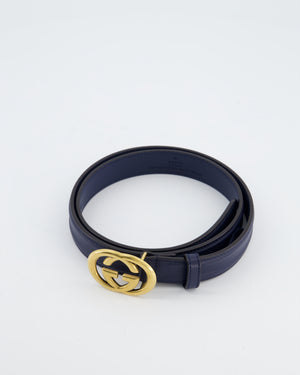 Gucci Navy GG Logo Leather Thin Belt with Gold Hardware Size 85cm