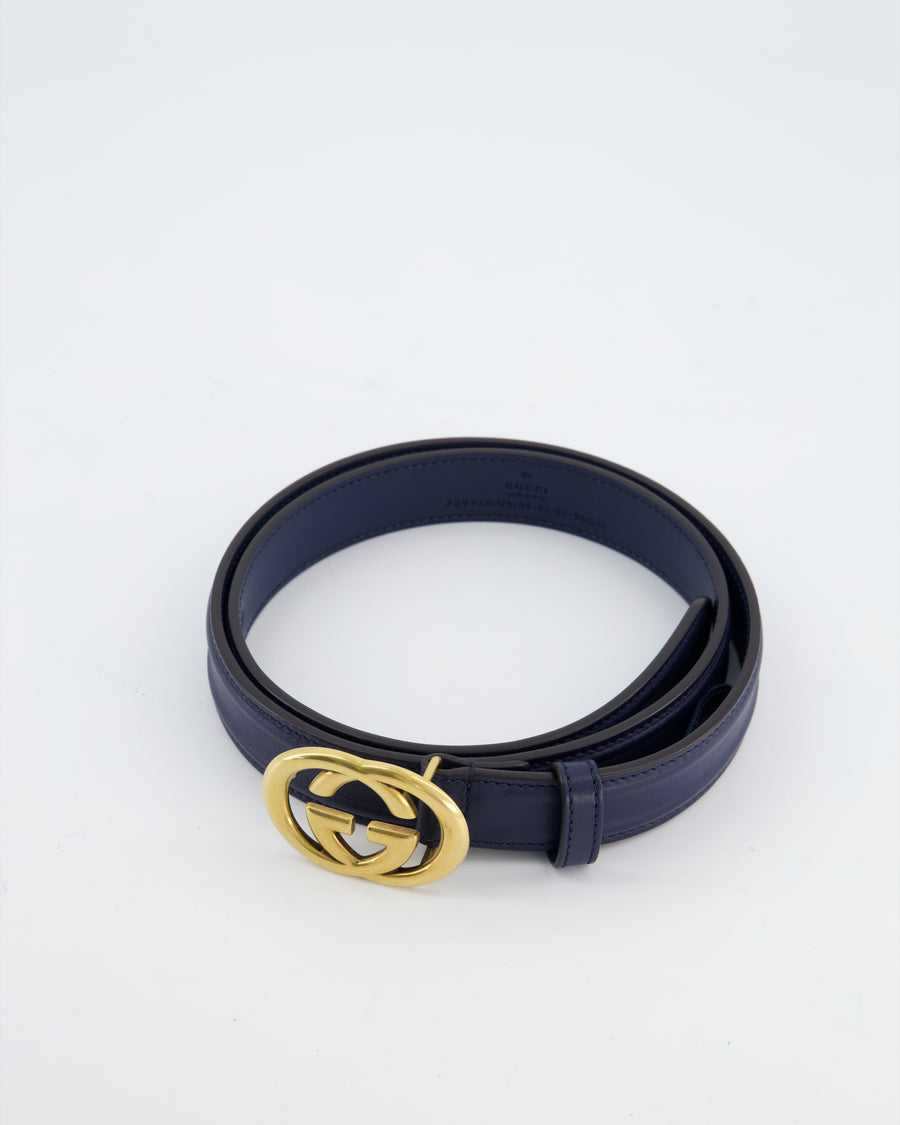 Gucci Navy GG Logo Leather Thin Belt with Gold Hardware Size 85cm