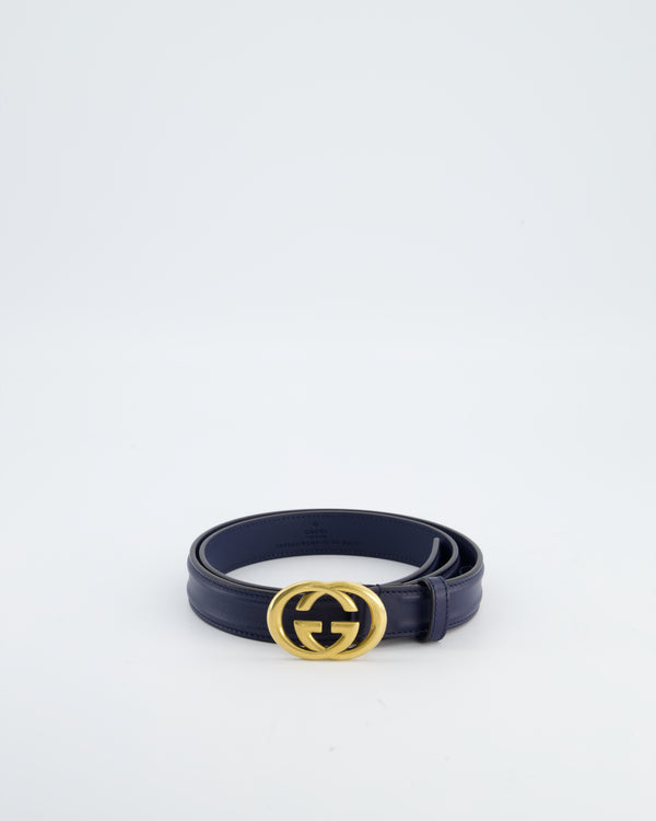 Gucci Navy GG Logo Leather Thin Belt with Gold Hardware Size 85cm