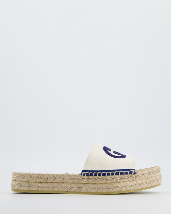 Gucci Beige Canvas & Raffia Platform Sandals with GG Logo Size EU 40.5