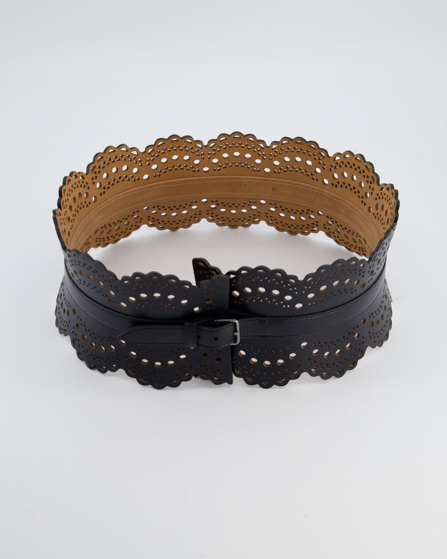 Alaia Black Leather Laser-Cut Openwork Bustier Waist Belt Size 80cm RRP £930