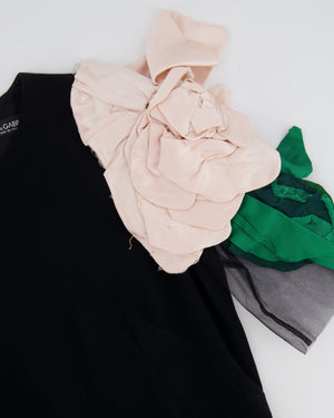 Dolce & Gabbana Black Mini Dress with Mesh Short Sleeves and Floral Shoulder Details Size IT 42 (UK 10)