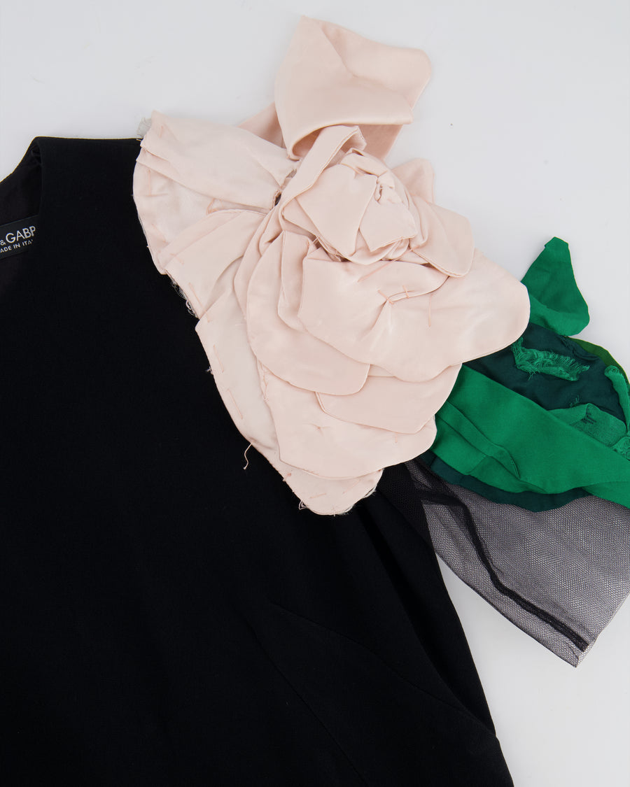 Dolce & Gabbana Black Mini Dress with Mesh Short Sleeves and Floral Shoulder Details Size IT 42 (UK 10)