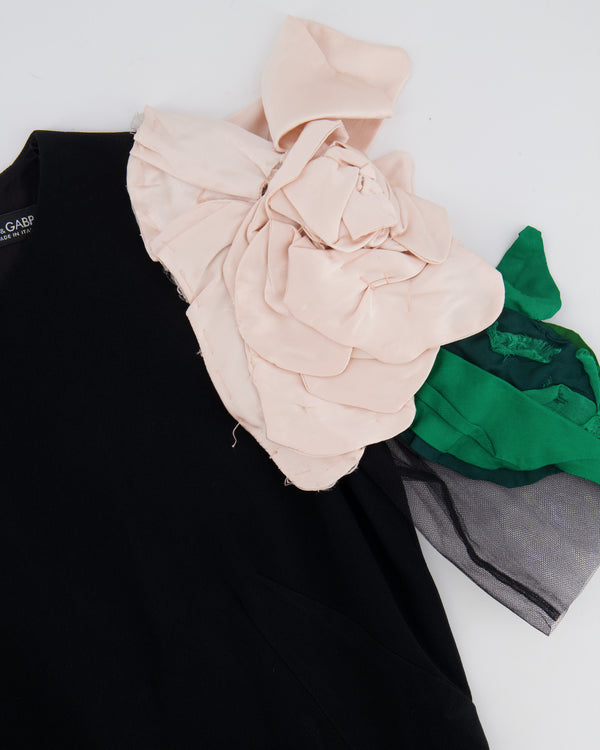 Dolce & Gabbana Black Mini Dress with Mesh Short Sleeves and Floral Shoulder Details Size IT 42 (UK 10)