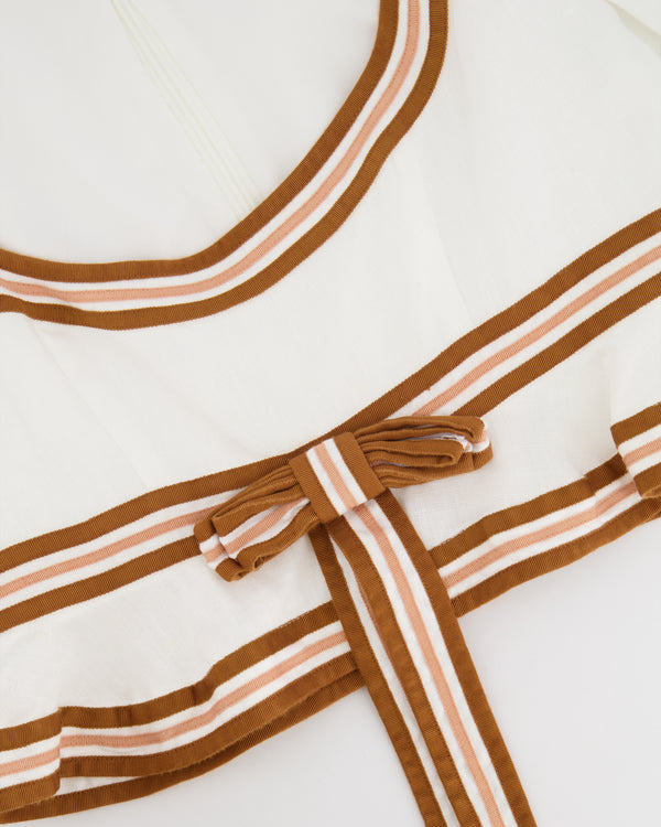 Zimmermann White Linen Crop Top with Ruffled Sleeves and Brown Trims with Bow Detail Size 2 (UK 12)