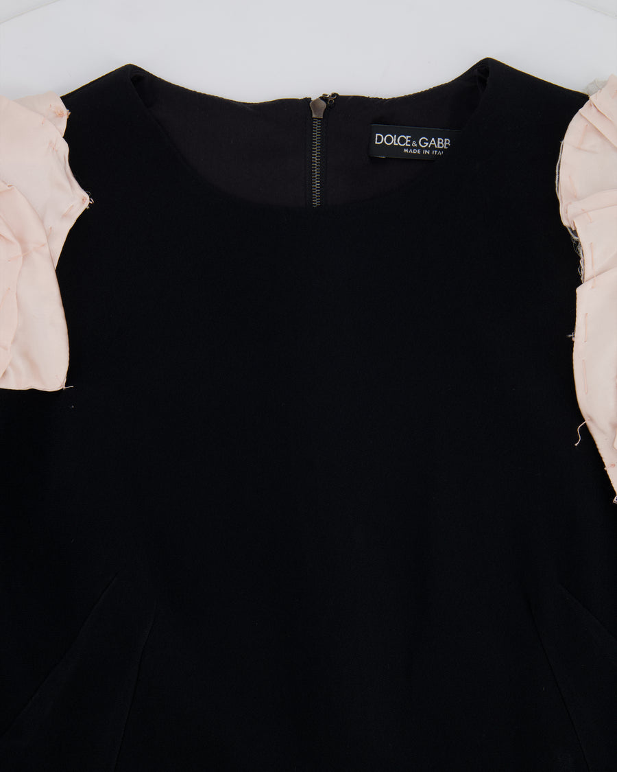 Dolce & Gabbana Black Mini Dress with Mesh Short Sleeves and Floral Shoulder Details Size IT 42 (UK 10)