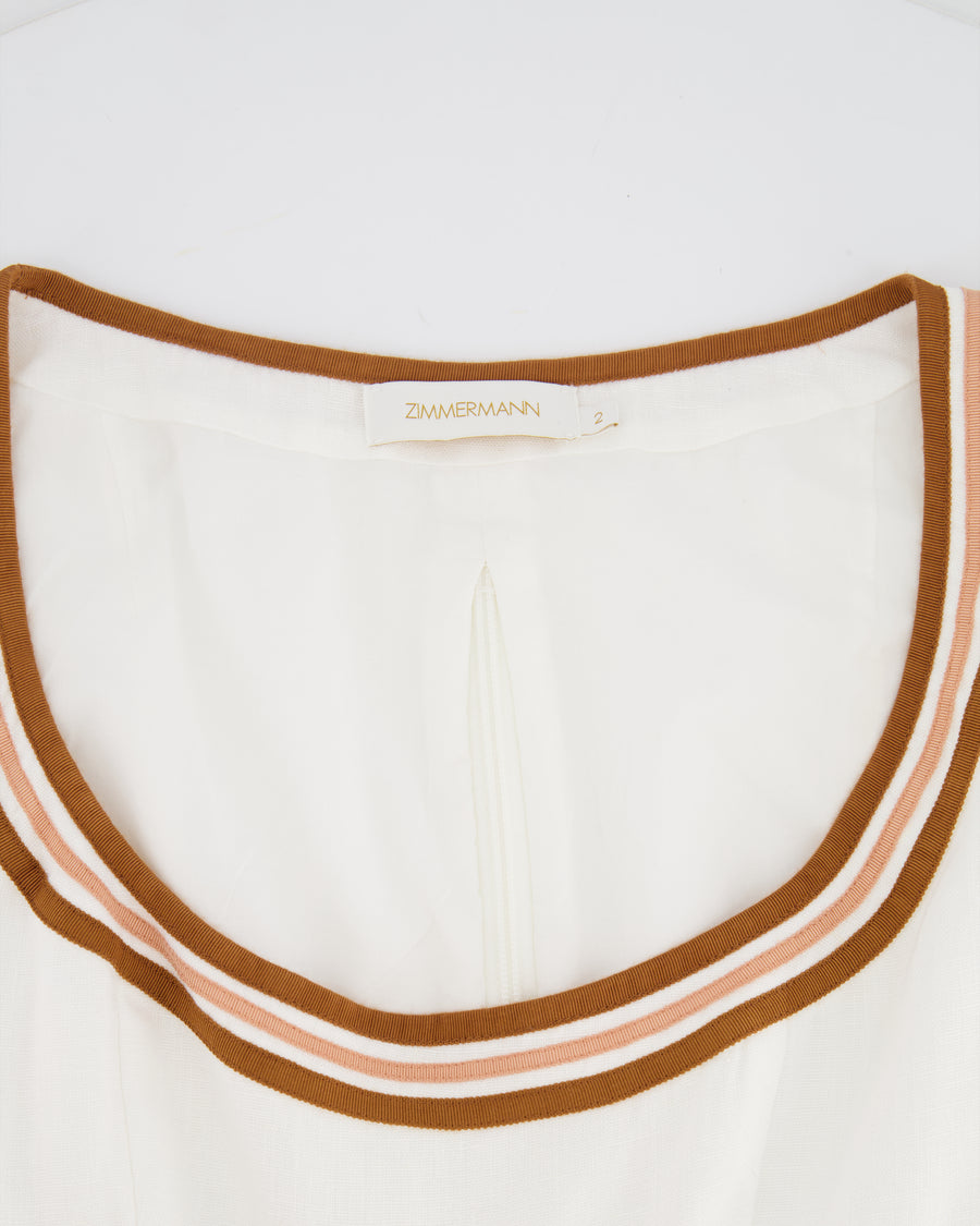 Zimmermann White Linen Crop Top with Ruffled Sleeves and Brown Trims with Bow Detail Size 2 (UK 12)