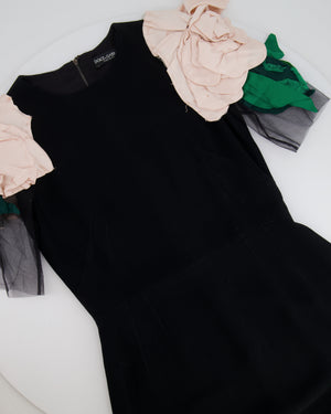 Dolce & Gabbana Black Mini Dress with Mesh Short Sleeves and Floral Shoulder Details Size IT 42 (UK 10)