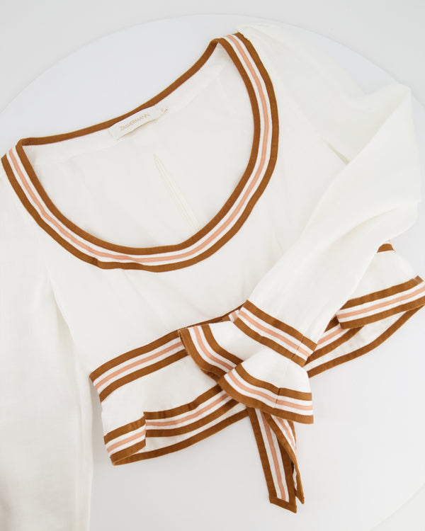 Zimmermann White Linen Crop Top with Ruffled Sleeves and Brown Trims with Bow Detail Size 2 (UK 12)