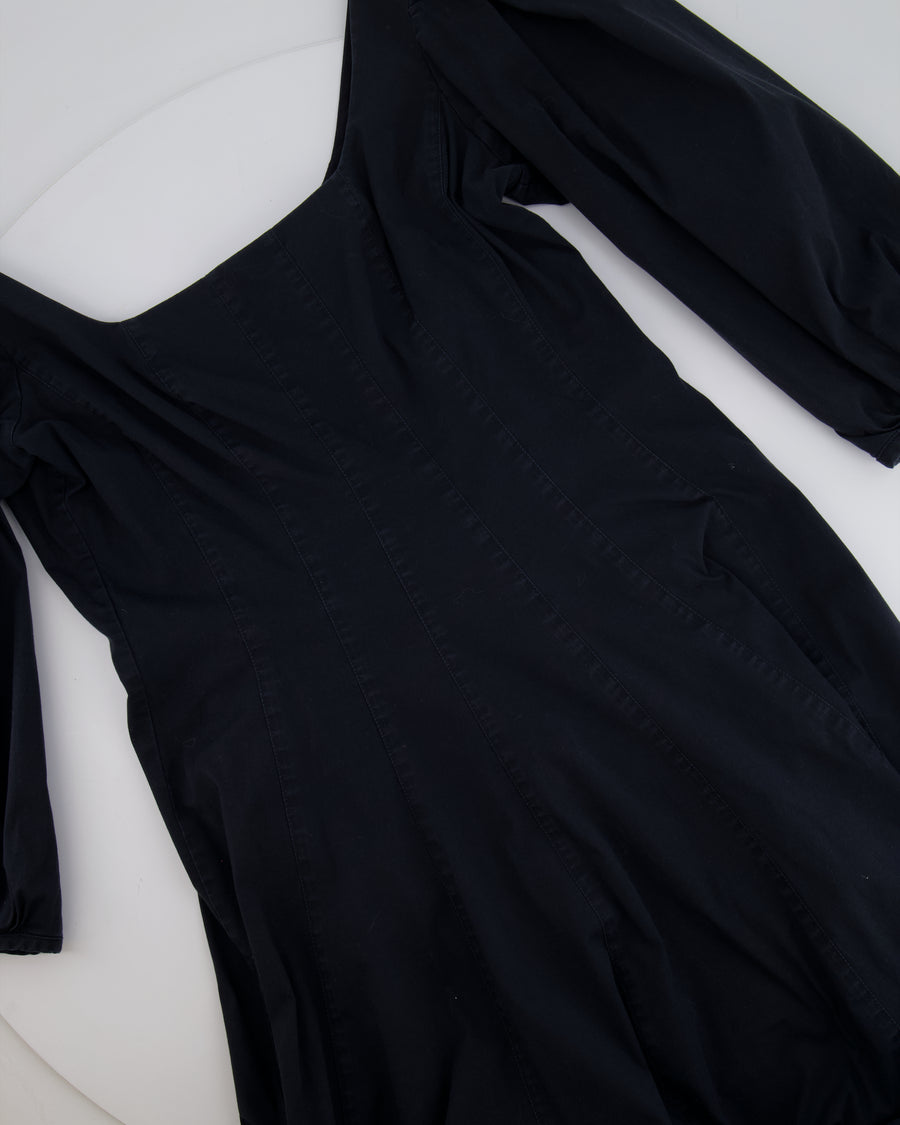 Staud Black Midi Dress with Square Neckline Detail and Puff Sleeves Size US 8 (UK 12)