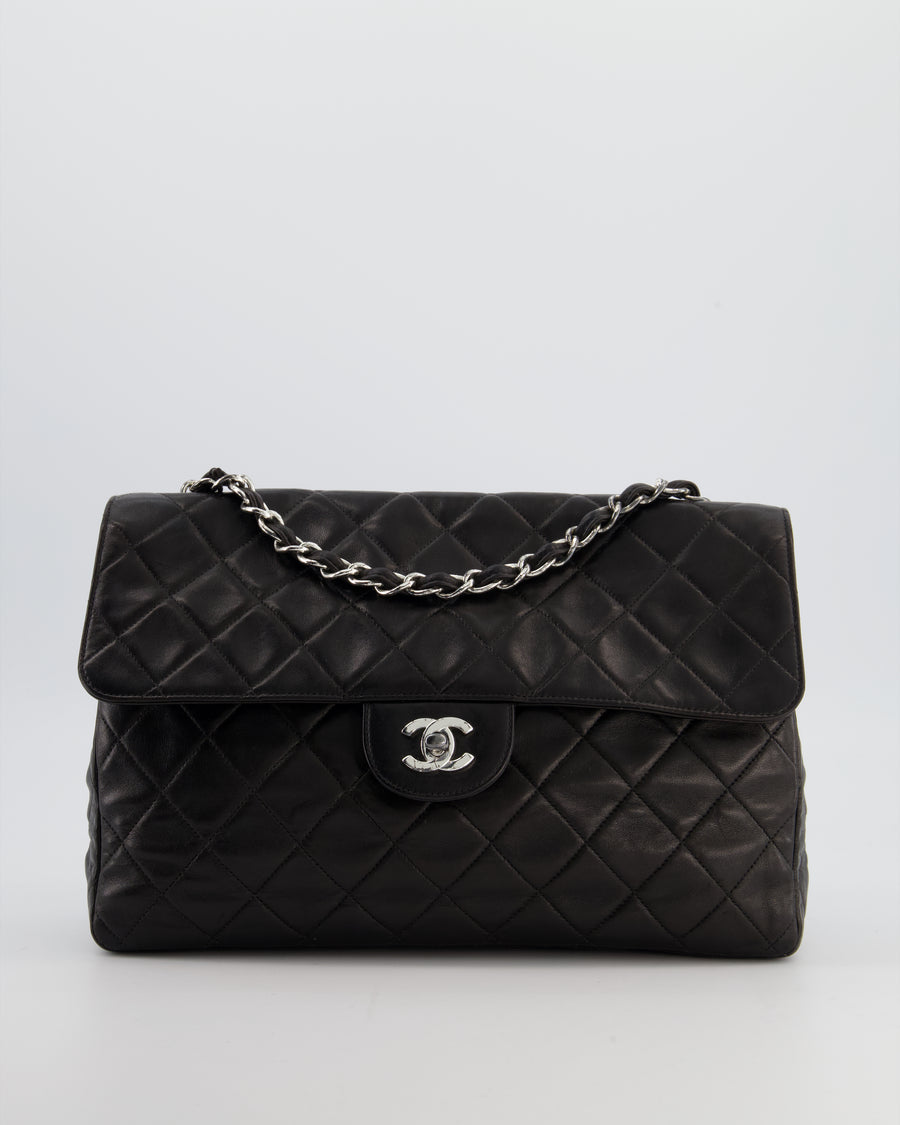 Chanel Black Vintage Jumbo Single Flap Bag in Lambskin Leather with Silver Hardware