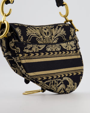Christian Dior Blue and Beige Ornamental Embroidery Saddle Bag with Antique Gold Hardware