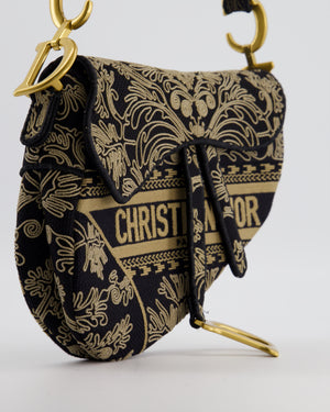 Christian Dior Blue and Beige Ornamental Embroidery Saddle Bag with Antique Gold Hardware