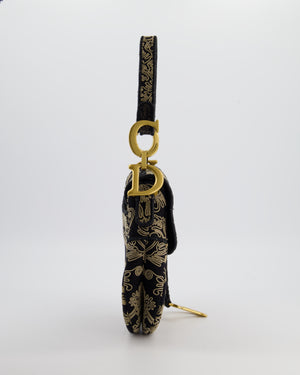 Christian Dior Blue and Beige Ornamental Embroidery Saddle Bag with Antique Gold Hardware