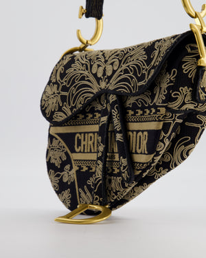 Christian Dior Blue and Beige Ornamental Embroidery Saddle Bag with Antique Gold Hardware