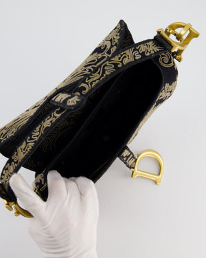 Christian Dior Blue and Beige Ornamental Embroidery Saddle Bag with Antique Gold Hardware