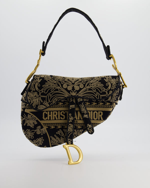 Christian Dior Blue and Beige Ornamental Embroidery Saddle Bag with Antique Gold Hardware