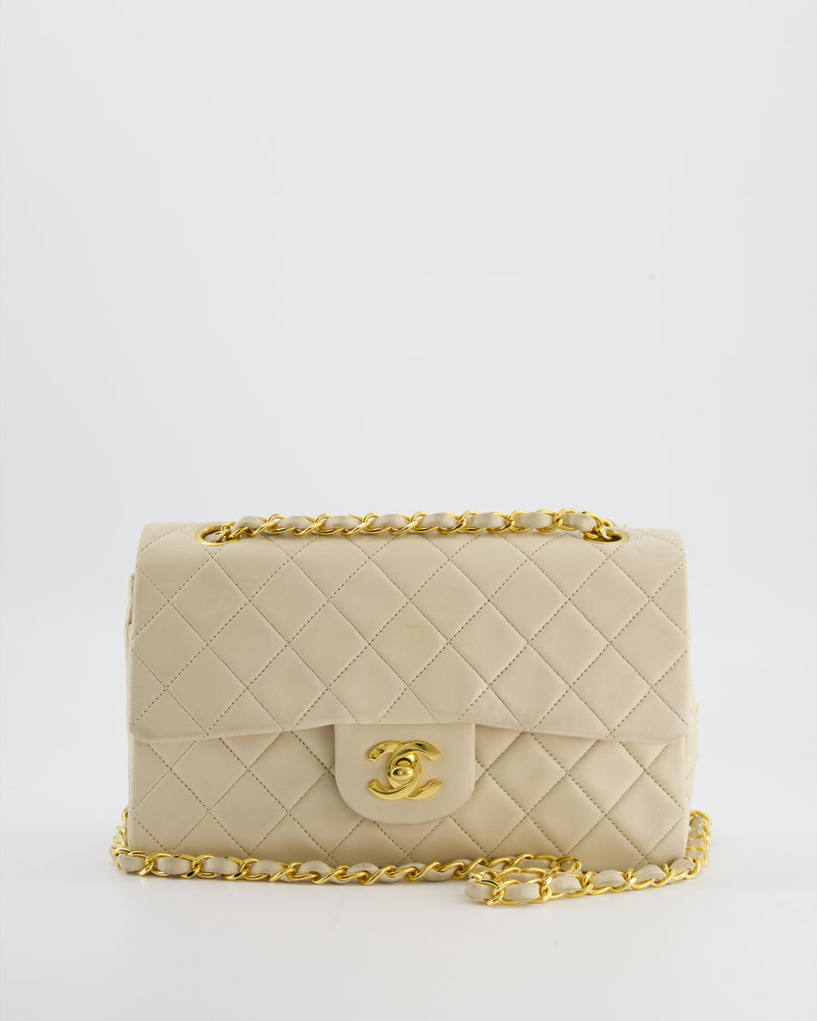 Chanel Cream Vintage Small Classic Double Flap Bag in Lambskin Leather with 24K Gold Hardware