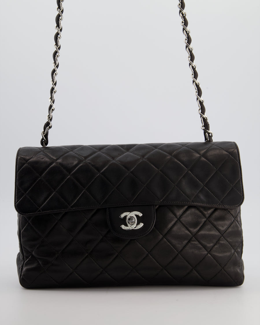 Chanel Black Vintage Jumbo Single Flap Bag in Lambskin Leather with Silver Hardware