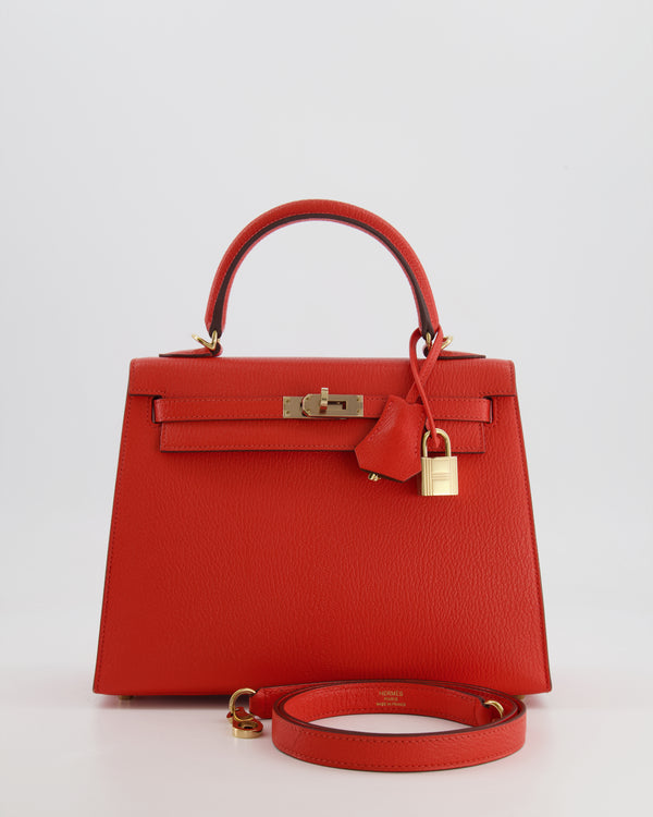 Hermès HSS Kelly 25 Verso Sellier Bag in Capucine Chèvre Mysore Leather and Gold Interior with Permabrass Hardware