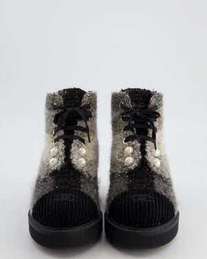 Chanel Grey Tweed and Pearl Lace Up Combat Boots with CC Logo Size EU 37.5