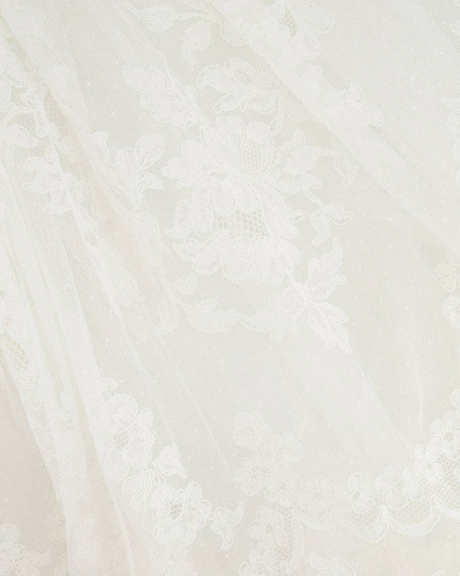 Chanel Resort 2023 White Tiered Lace Maxi Skirt with White Pearl and Crystal CC Logo Button Detail Size FR 34 (UK 6)