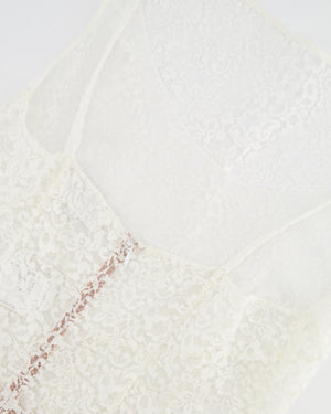 Chanel Métiers d'Art 2023 White Lace Asymmetric Midi Dress with Silver CC Logo Detail Size FR 36 (UK 8)