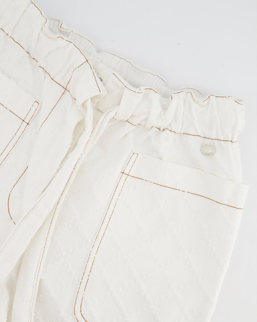 Chanel White Quilted Straight Leg Jeans with Brown Accents and Waist Ties and 31 Rue Cambon CC Logo Detail Size FR 34 (UK 6)