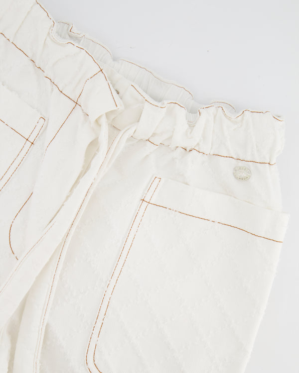 Chanel White Quilted Straight Leg Jeans with Brown Accents and Waist Ties and 31 Rue Cambon CC Logo Detail Size FR 34 (UK 6)