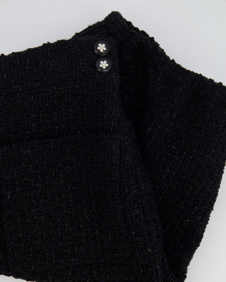 Chanel Black Tweed Shimmery Bermuda Shorts with Silver Flower Crystal Buttons Size FR 34 (UK 6)