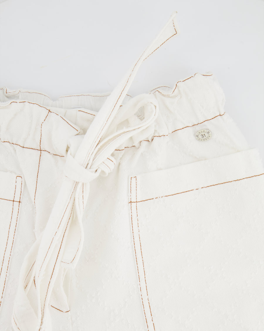 Chanel White Quilted Straight Leg Jeans with Brown Accents and Waist Ties and 31 Rue Cambon CC Logo Detail Size FR 34 (UK 6)
