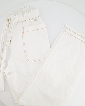 Chanel White Quilted Straight Leg Jeans with Brown Accents and Waist Ties and 31 Rue Cambon CC Logo Detail Size FR 34 (UK 6)