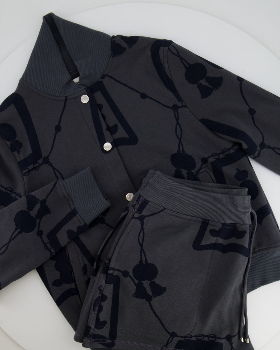 Hermès Grey Jacket and Shorts Set with Navy Lantern and Tassel Print with Silver Logo Buttons Size FR 34/40 (UK 6/12)
