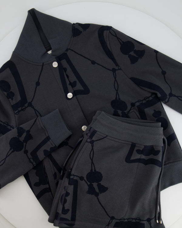 Hermès Grey Jacket and Shorts Set with Navy Lantern and Tassel Print with Silver Logo Buttons Size FR 34/40 (UK 6/12)