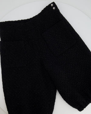 Chanel Black Tweed Shimmery Bermuda Shorts with Silver Flower Crystal Buttons Size FR 34 (UK 6)