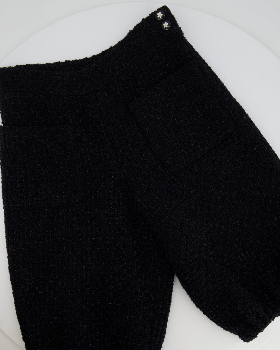Chanel Black Tweed Shimmery Bermuda Shorts with Silver Flower Crystal Buttons Size FR 34 (UK 6)