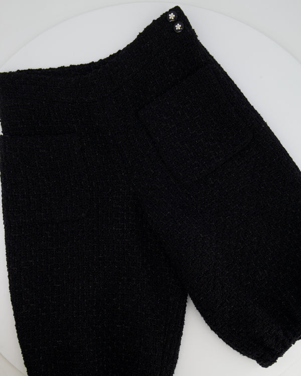 Chanel Black Tweed Shimmery Bermuda Shorts with Silver Flower Crystal Buttons Size FR 34 (UK 6)
