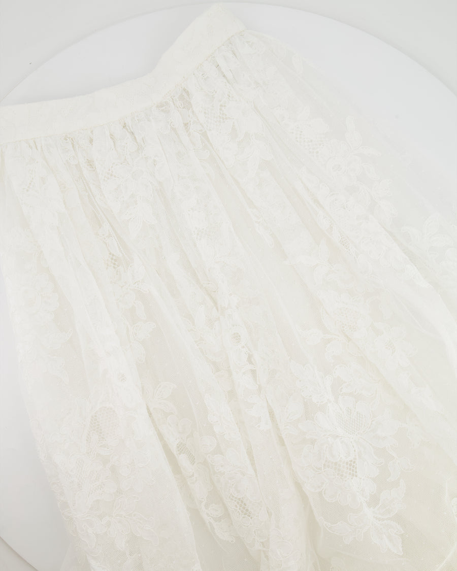 Chanel Resort 2023 White Tiered Lace Maxi Skirt with White Pearl and Crystal CC Logo Button Detail Size FR 34 (UK 6)