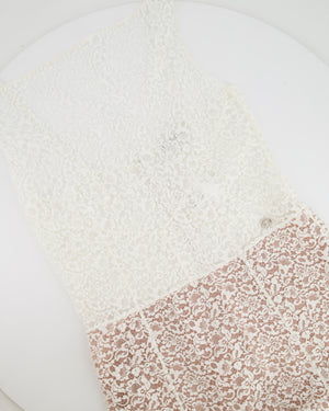 Chanel Métiers d'Art 2023 White Lace Asymmetric Midi Dress with Silver CC Logo Detail Size FR 36 (UK 8)