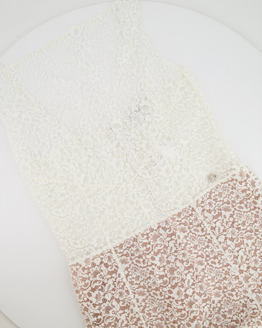 Chanel Métiers d'Art 2023 White Lace Asymmetric Midi Dress with Silver CC Logo Detail Size FR 36 (UK 8)