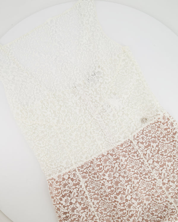 Chanel Métiers d'Art 2023 White Lace Asymmetric Midi Dress with Silver CC Logo Detail Size FR 36 (UK 8)