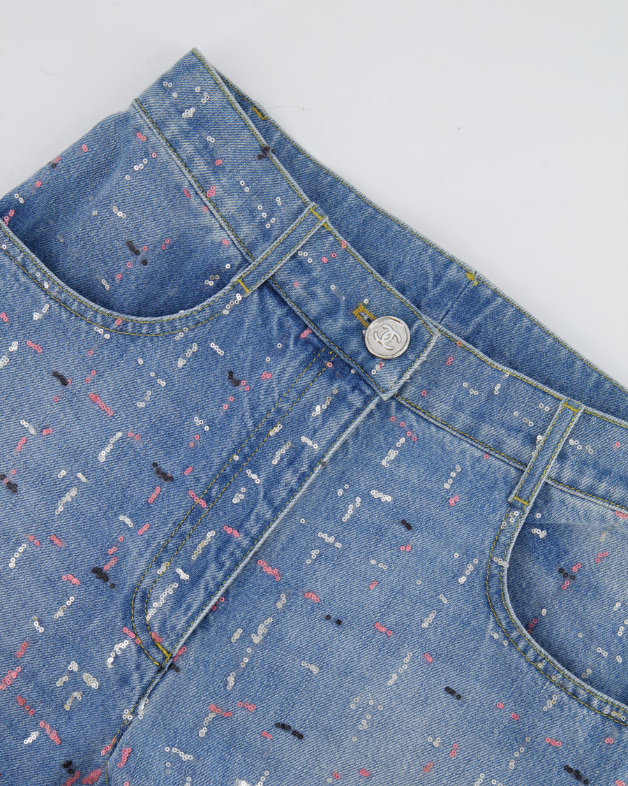 Chanel Métiers d'Art 2023 Denim Patchwork Jeans with Pink, Silver and Black Micro Sequin Details and Silver CC Logo Button Size FR 34 UK 6