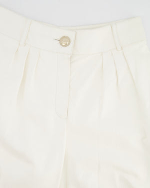 Chanel Resort 2019 La Pausa White Leather Trousers with Gold and Pearl Embellished CC Logo Button Size FR 36 (UK 8)