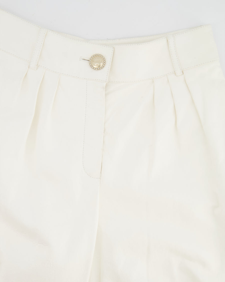 Chanel Resort 2019 La Pausa White Leather Trousers with Gold and Pearl Embellished CC Logo Button Size FR 36 (UK 8)