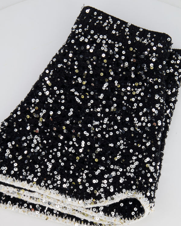 Chanel Spring 2023 Black Sequin Embellished Crocheted Shorts with Silver Crystal Embellished Bow Detail Size FR 38 (UK 10)